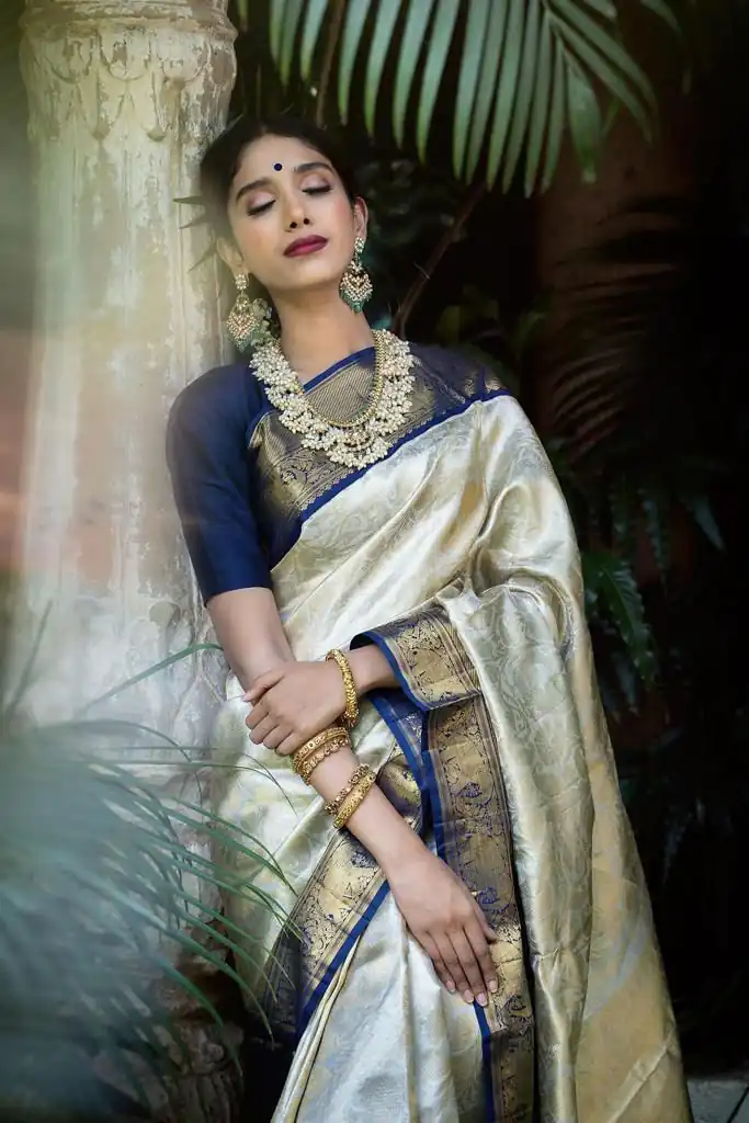 KP 3045 White & Blue Color Soft Lichi Silk Jacquard Work Saree Casual, Party Wear, Wedding, Events Etc. Expected Delivery 4-6 Working Days @1449/- | Bollywood Sarees, Creative Sarees, Designer Sarees, Embroidered Sarees, Ethnic Saree, Modern Digital sarees, Party Wear Sarees, Sarees