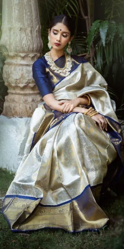 KP 3045 White & Blue Color Soft Lichi Silk Jacquard Work Saree Casual, Party Wear, Wedding, Events Etc. Expected Delivery 4-6 Working Days @1449/- | Bollywood Sarees, Creative Sarees, Designer Sarees, Embroidered Sarees, Ethnic Saree, Modern Digital sarees, Party Wear Sarees, Sarees