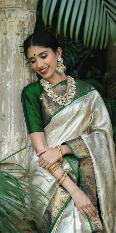 KP 3045 White & Green Color Soft Lichi Silk Jacquard Work Saree Casual, Party Wear, Wedding, Events Etc. Expected Delivery 4-6 Working Days @1449/- | Bollywood Sarees, Creative Sarees, Designer Sarees, Embroidered Sarees, Ethnic Saree, Modern Digital sarees, Party Wear Sarees, Sarees
