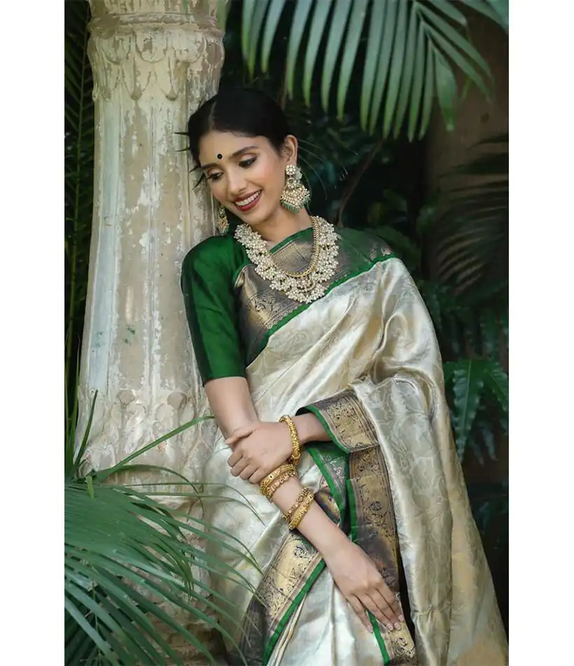 KP 3045 White & Green Color Soft Lichi Silk Jacquard Work Saree Casual, Party Wear, Wedding, Events Etc. Expected Delivery 4-6 Working Days @1449/- | Bollywood Sarees, Creative Sarees, Designer Sarees, Embroidered Sarees, Ethnic Saree, Modern Digital sarees, Party Wear Sarees, Sarees