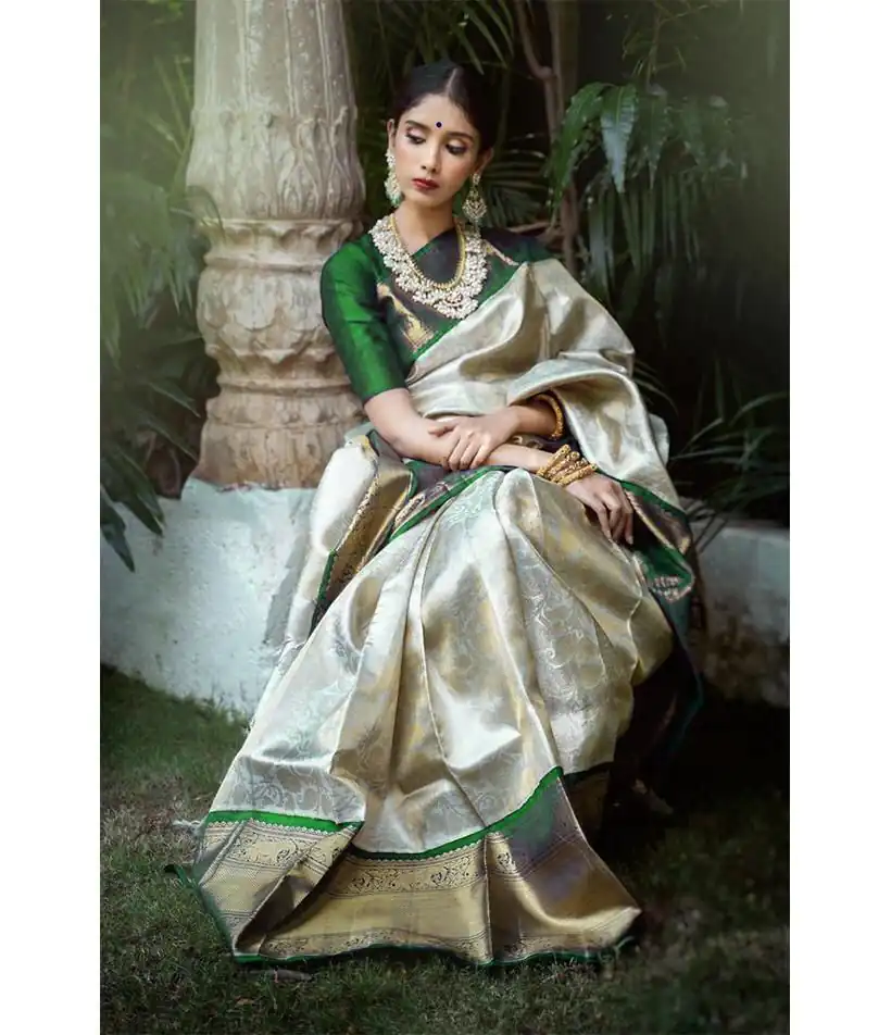 KP 3045 White & Green Color Soft Lichi Silk Jacquard Work Saree Casual, Party Wear, Wedding, Events Etc. Expected Delivery 4-6 Working Days @1449/- | Bollywood Sarees, Creative Sarees, Designer Sarees, Embroidered Sarees, Ethnic Saree, Modern Digital sarees, Party Wear Sarees, Sarees