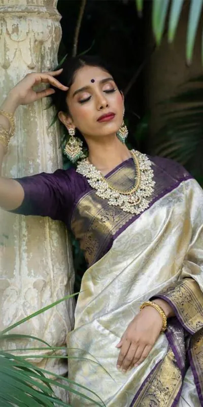 KP 3045 White & Purple Color Soft Lichi Silk Jacquard Work Saree Casual, Party Wear, Wedding, Events Etc. Expected Delivery 4-6 Working Days @1449/- | Bollywood Sarees, Creative Sarees, Designer Sarees, Embroidered Sarees, Ethnic Saree, Modern Digital sarees, Party Wear Sarees, Sarees