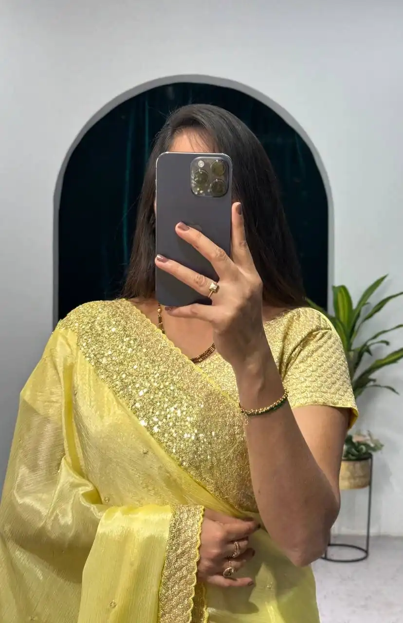 ST 465 Yellow Color Chinon Sequins & Zari Embroidery Work Saree Casual, Wedding, Party, Festive, Events Etc. Expected Delivery 4-6 Working Days @1999/- | Bollywood Sarees, Creative Sarees, Designer Sarees, Embroidered Sarees, Ethnic Saree, Modern Digital sarees, Party Wear Sarees, Sarees