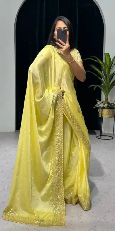 ST 465 Yellow Color Chinon Sequins & Zari Embroidery Work Saree Casual, Wedding, Party, Festive, Events Etc. Expected Delivery 4-6 Working Days @1999/- | Bollywood Sarees, Creative Sarees, Designer Sarees, Embroidered Sarees, Ethnic Saree, Modern Digital sarees, Party Wear Sarees, Sarees
