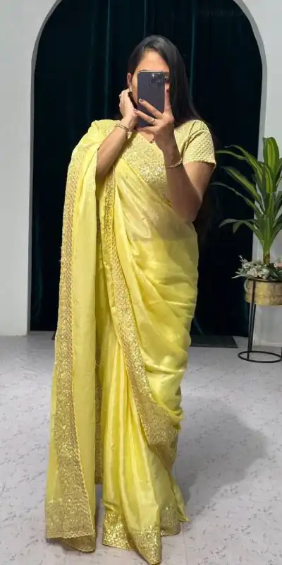 ST 465 Yellow Color Chinon Sequins & Zari Embroidery Work Saree Casual, Wedding, Party, Festive, Events Etc. Expected Delivery 4-6 Working Days @1999/- | Bollywood Sarees, Creative Sarees, Designer Sarees, Embroidered Sarees, Ethnic Saree, Modern Digital sarees, Party Wear Sarees, Sarees
