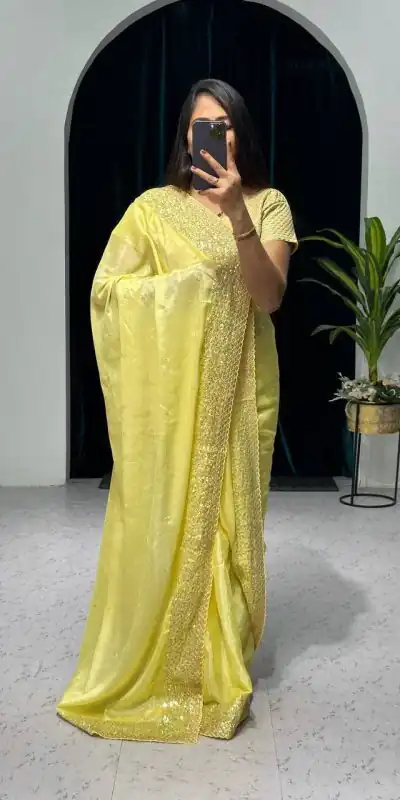 ST 465 Yellow Color Chinon Sequins & Zari Embroidery Work Saree Casual, Wedding, Party, Festive, Events Etc. Expected Delivery 4-6 Working Days @1999/- | Bollywood Sarees, Creative Sarees, Designer Sarees, Embroidered Sarees, Ethnic Saree, Modern Digital sarees, Party Wear Sarees, Sarees