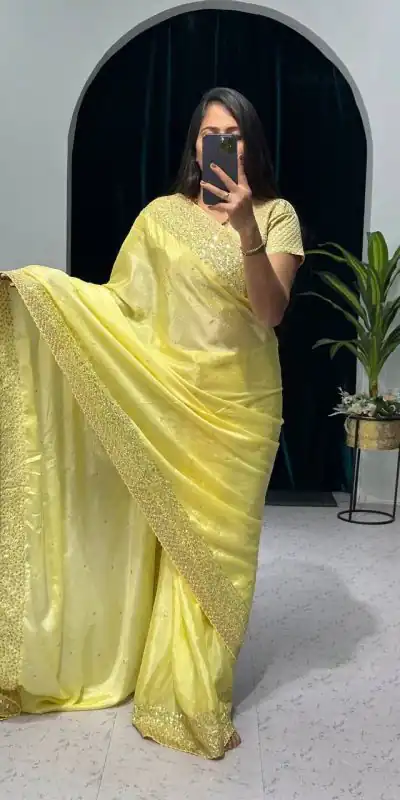 ST 465 Yellow Color Chinon Sequins & Zari Embroidery Work Saree Casual, Wedding, Party, Festive, Events Etc. Expected Delivery 4-6 Working Days @1999/- | Bollywood Sarees, Creative Sarees, Designer Sarees, Embroidered Sarees, Ethnic Saree, Modern Digital sarees, Party Wear Sarees, Sarees