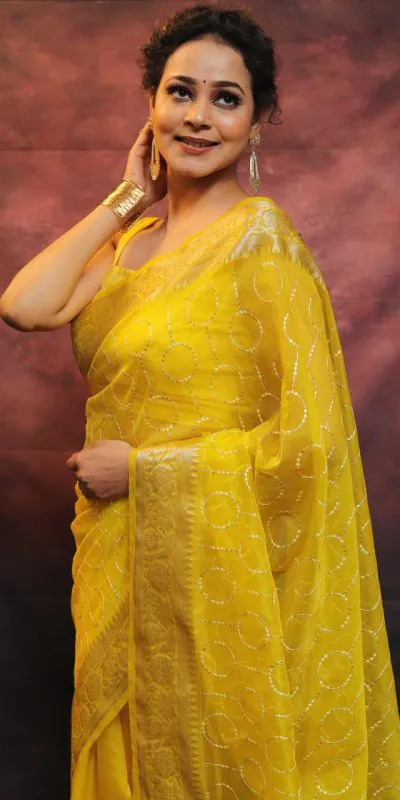 MS 438 Yellow Color Nylon Organza Jacquard Multi Embroidered Saree Casual, Party Wear, Wedding, Events, Etc. Expected Delivery 4-6 Working Days 1599/- | Bollywood Sarees, Creative Sarees, Designer Sarees, Embroidered Sarees, Ethnic Saree, Modern Digital sarees, Party Wear Sarees, Sarees