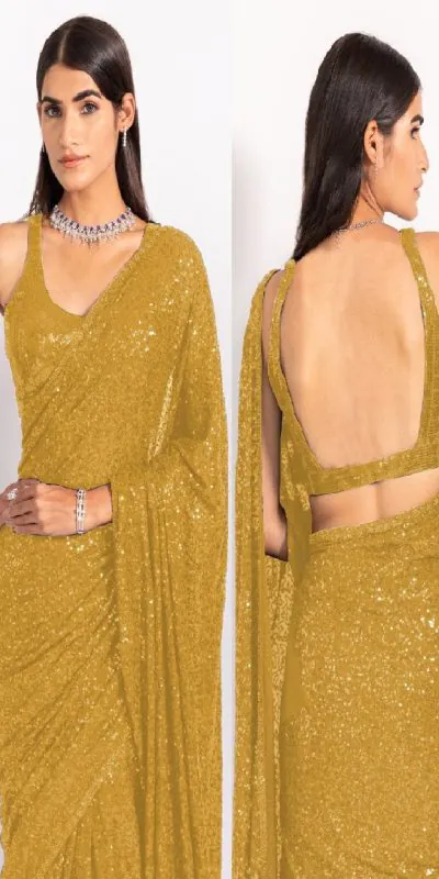 KT 250 Golden Color Georgette Fancy Sequence Work Saree Blouse: Bangalore Silk Casual, Party Wear, Wedding   Expected Delivery 4-6 Working Days@1799/- | Bollywood Sarees, Creative Sarees, Designer Sarees, Embroidered Sarees, Party Wear Sarees, Sarees