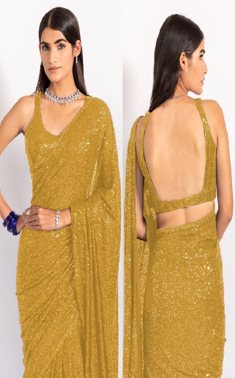 KT 250 Golden Color Georgette Fancy Sequence Work Saree Blouse: Bangalore Silk Casual, Party Wear, Wedding   Expected Delivery 4-6 Working Days@1799/- | Bollywood Sarees, Creative Sarees, Designer Sarees, Embroidered Sarees, Party Wear Sarees, Sarees