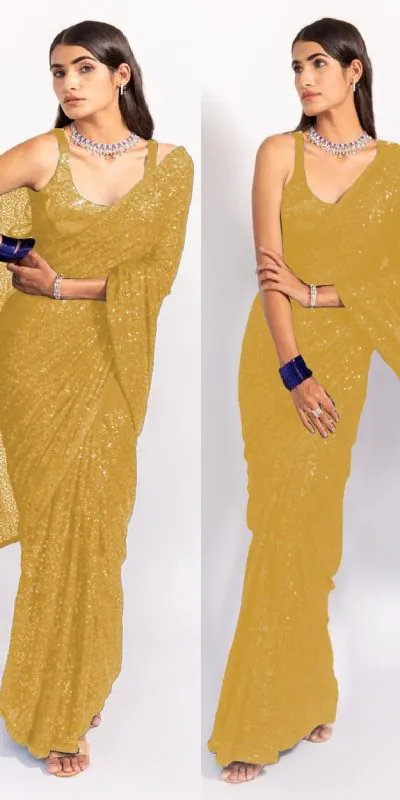 KT 250 Golden Color Georgette Fancy Sequence Work Saree Blouse: Bangalore Silk Casual, Party Wear, Wedding   Expected Delivery 4-6 Working Days@1799/- | Bollywood Sarees, Creative Sarees, Designer Sarees, Embroidered Sarees, Party Wear Sarees, Sarees