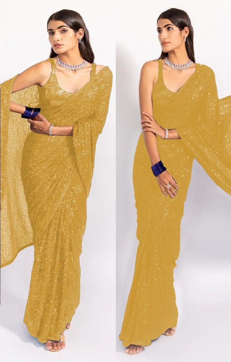 KT 250 Golden Color Georgette Fancy Sequence Work Saree Blouse: Bangalore Silk Casual, Party Wear, Wedding   Expected Delivery 4-6 Working Days@1799/- | Bollywood Sarees, Creative Sarees, Designer Sarees, Embroidered Sarees, Party Wear Sarees, Sarees