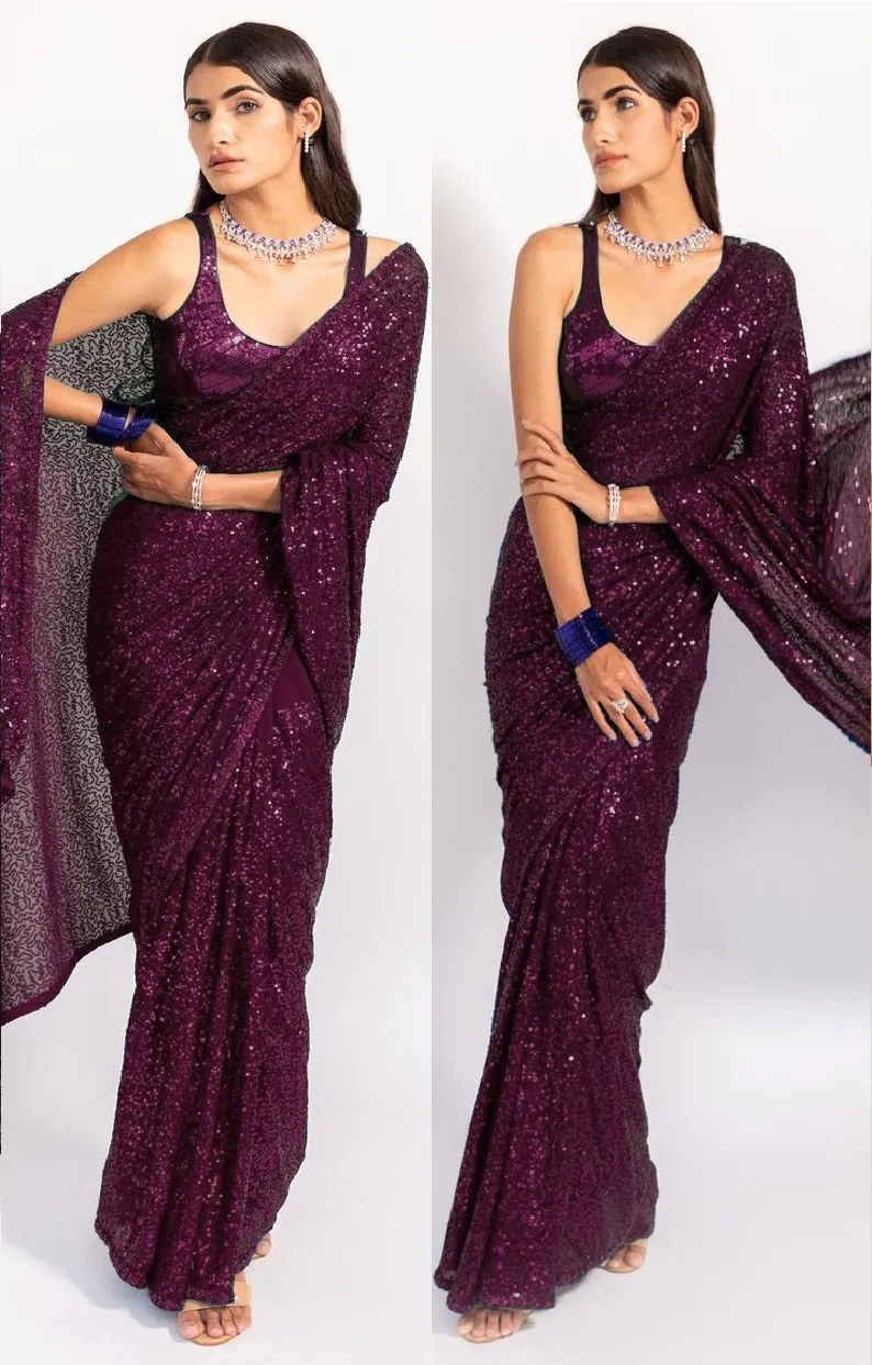 KT 250 Purple Color Georgette Fancy Sequence Work Saree Blouse: Bangalore Silk Casual, Party Wear, Wedding   Expected Delivery 4-6 Working Days@1799/- | Bollywood Sarees, Creative Sarees, Designer Sarees, Embroidered Sarees, Party Wear Sarees, Sarees