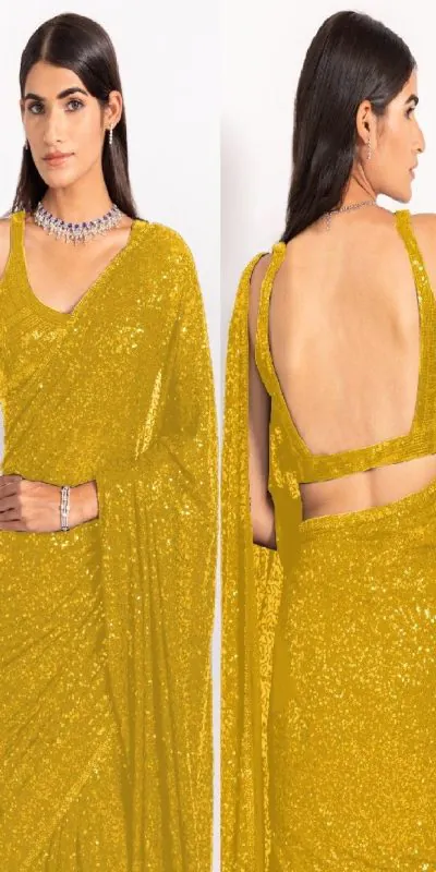 KT 250 Yellow Color Georgette Fancy Sequence Work Saree Blouse: Bangalore Silk Casual, Party Wear, Wedding Expected Delivery 4-6 Working Days@1799/- | Bollywood Sarees, Creative Sarees, Designer Sarees, Embroidered Sarees, Party Wear Sarees, Sarees