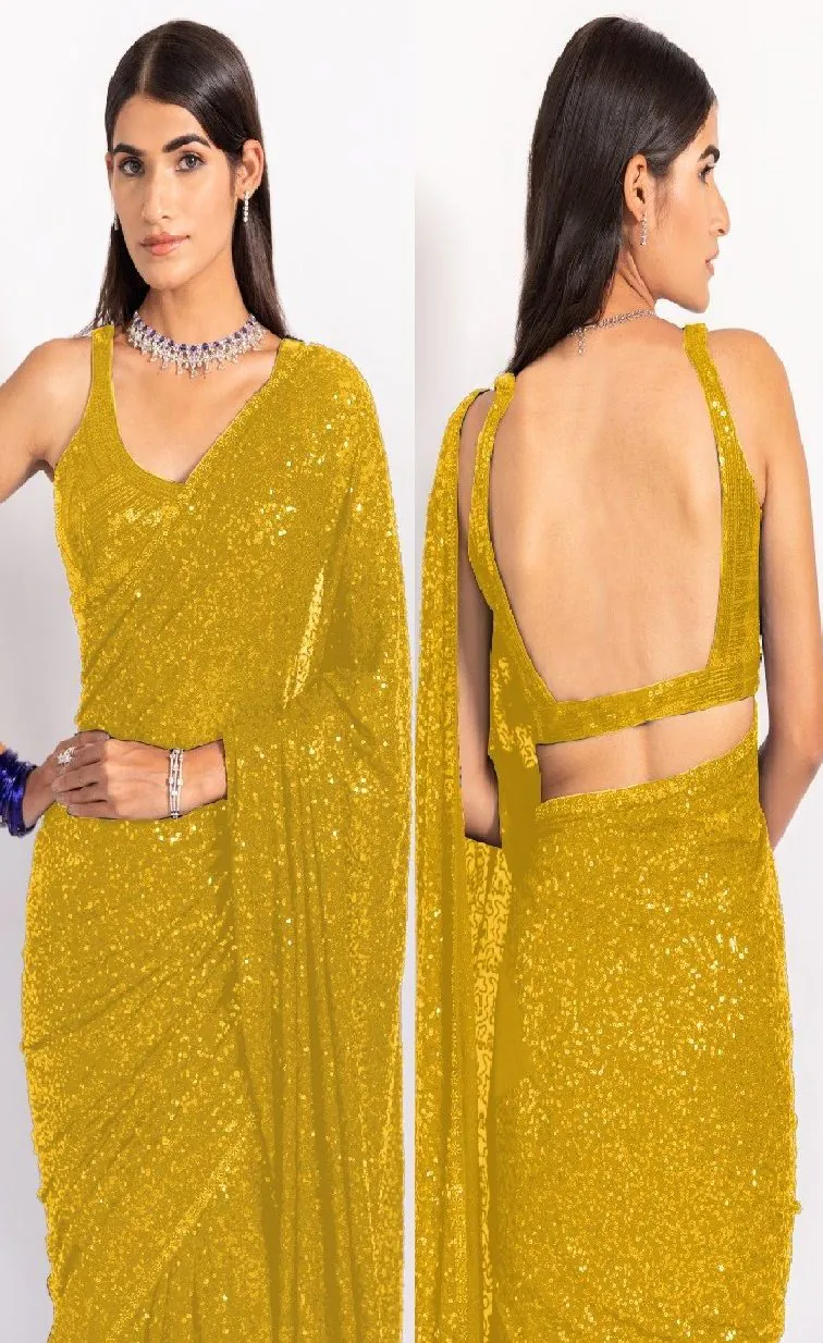 KT 250 Yellow Color Georgette Fancy Sequence Work Saree Blouse: Bangalore Silk Casual, Party Wear, Wedding Expected Delivery 4-6 Working Days@1799/- | Bollywood Sarees, Creative Sarees, Designer Sarees, Embroidered Sarees, Party Wear Sarees, Sarees
