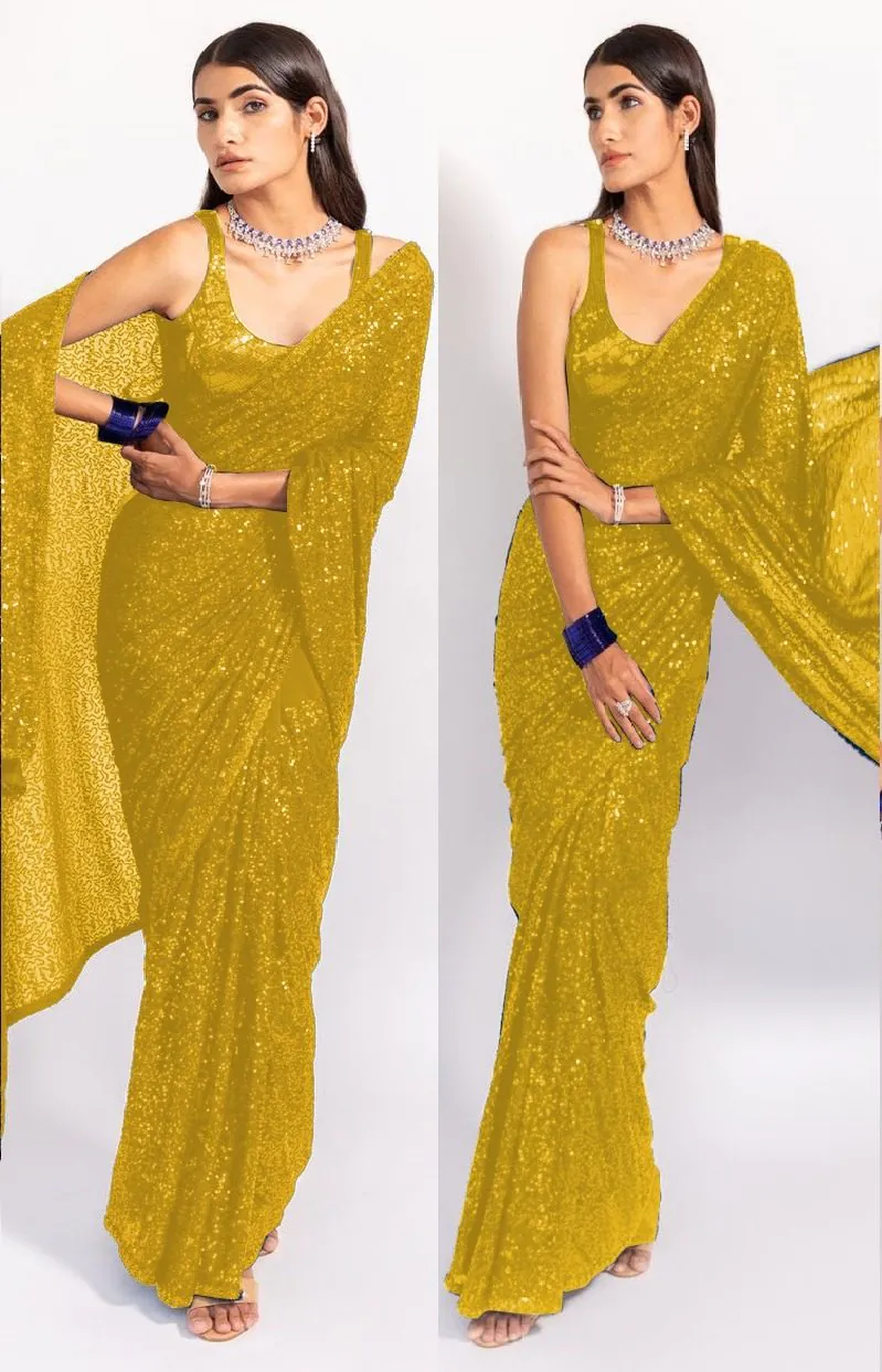 KT 250 Yellow Color Georgette Fancy Sequence Work Saree Blouse: Bangalore Silk Casual, Party Wear, Wedding Expected Delivery 4-6 Working Days@1799/- | Bollywood Sarees, Creative Sarees, Designer Sarees, Embroidered Sarees, Party Wear Sarees, Sarees