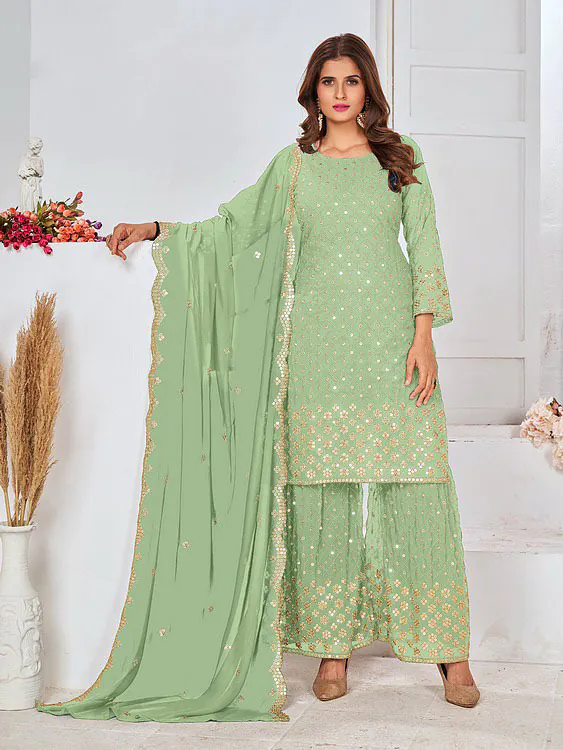 FC 5609 Pista Green Color Cute Light Green Color Georgette Embroidery Stone Sharara Suit Wedding, Party, Festive Expected Delivery 4-6 Working Days @2199/- | Jump Suits, Casual Suits, Creative suits, Designer Suits, Palazzo Suits, Party Wear Suits, Patiala Suits, Salwar suit, Straight Suits