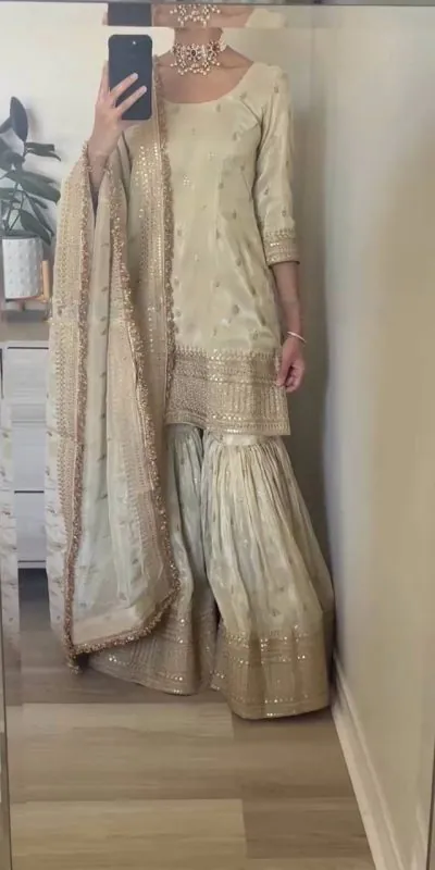 SRK-5143 Off White Color Pure Chinnon Silk Embroidery Sequence Salwar Suit Wedding, Party, Festive, Events Expected Delivery 4-6 Working Days @ 2150/- | Jump Suits, Casual Suits, Creative suits, Designer Suits, Palazzo Suits, Party Wear Suits, Patiala Suits, Salwar suit, Straight Suits