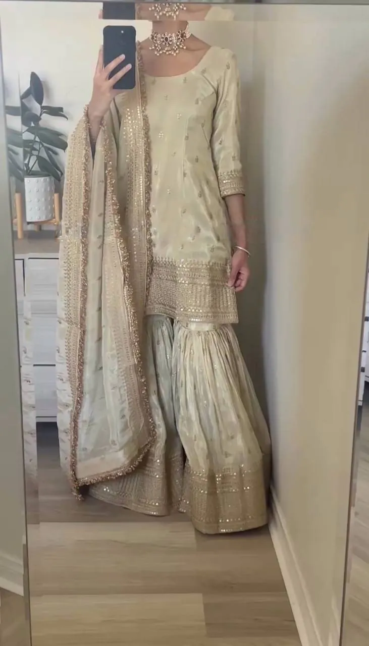 SRK-5143 Off White Color Pure Chinnon Silk Embroidery Sequence Salwar Suit Wedding, Party, Festive, Events Expected Delivery 4-6 Working Days @ 2150/- | Jump Suits, Casual Suits, Creative suits, Designer Suits, Palazzo Suits, Party Wear Suits, Patiala Suits, Salwar suit, Straight Suits