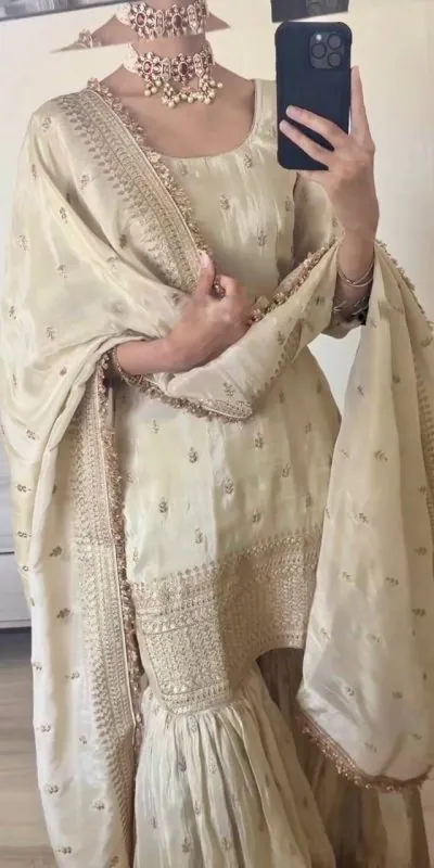 SRK-5143 Off White Color Pure Chinnon Silk Embroidery Sequence Salwar Suit Wedding, Party, Festive, Events Expected Delivery 4-6 Working Days @ 2150/- | Jump Suits, Casual Suits, Creative suits, Designer Suits, Palazzo Suits, Party Wear Suits, Patiala Suits, Salwar suit, Straight Suits