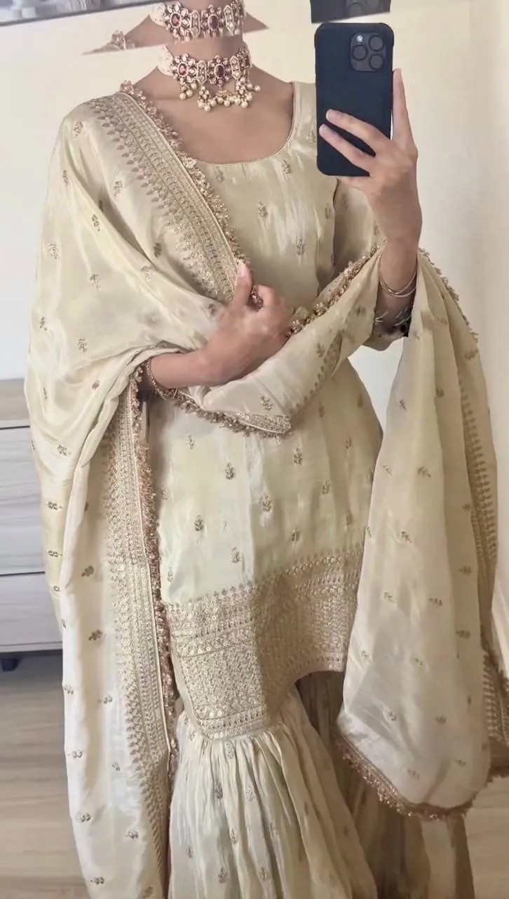 SRK-5143 Off White Color Pure Chinnon Silk Embroidery Sequence Salwar Suit Wedding, Party, Festive, Events Expected Delivery 4-6 Working Days @ 2150/- | Jump Suits, Casual Suits, Creative suits, Designer Suits, Palazzo Suits, Party Wear Suits, Patiala Suits, Salwar suit, Straight Suits