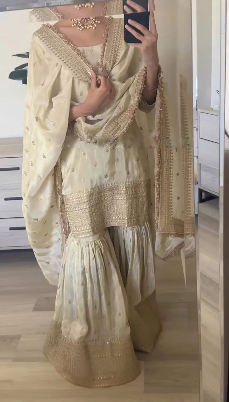 SRK-5143 Off White Color Pure Chinnon Silk Embroidery Sequence Salwar Suit Wedding, Party, Festive, Events Expected Delivery 4-6 Working Days @ 2150/- | Jump Suits, Casual Suits, Creative suits, Designer Suits, Palazzo Suits, Party Wear Suits, Patiala Suits, Salwar suit, Straight Suits