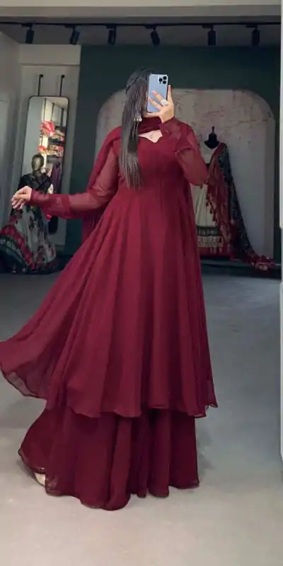 YNF3502 Maroon Color Georgette Plain Top Plain Plaza And Dupatta Casual, Wedding, Party, Festive, Events Etc. Expected Delivery 4-6 Working Days @1999/- | Jump Suits, Casual Suits, Creative suits, Designer Suits, Palazzo Suits, Party Wear Suits, Patiala Suits, Salwar suit, Straight Suits