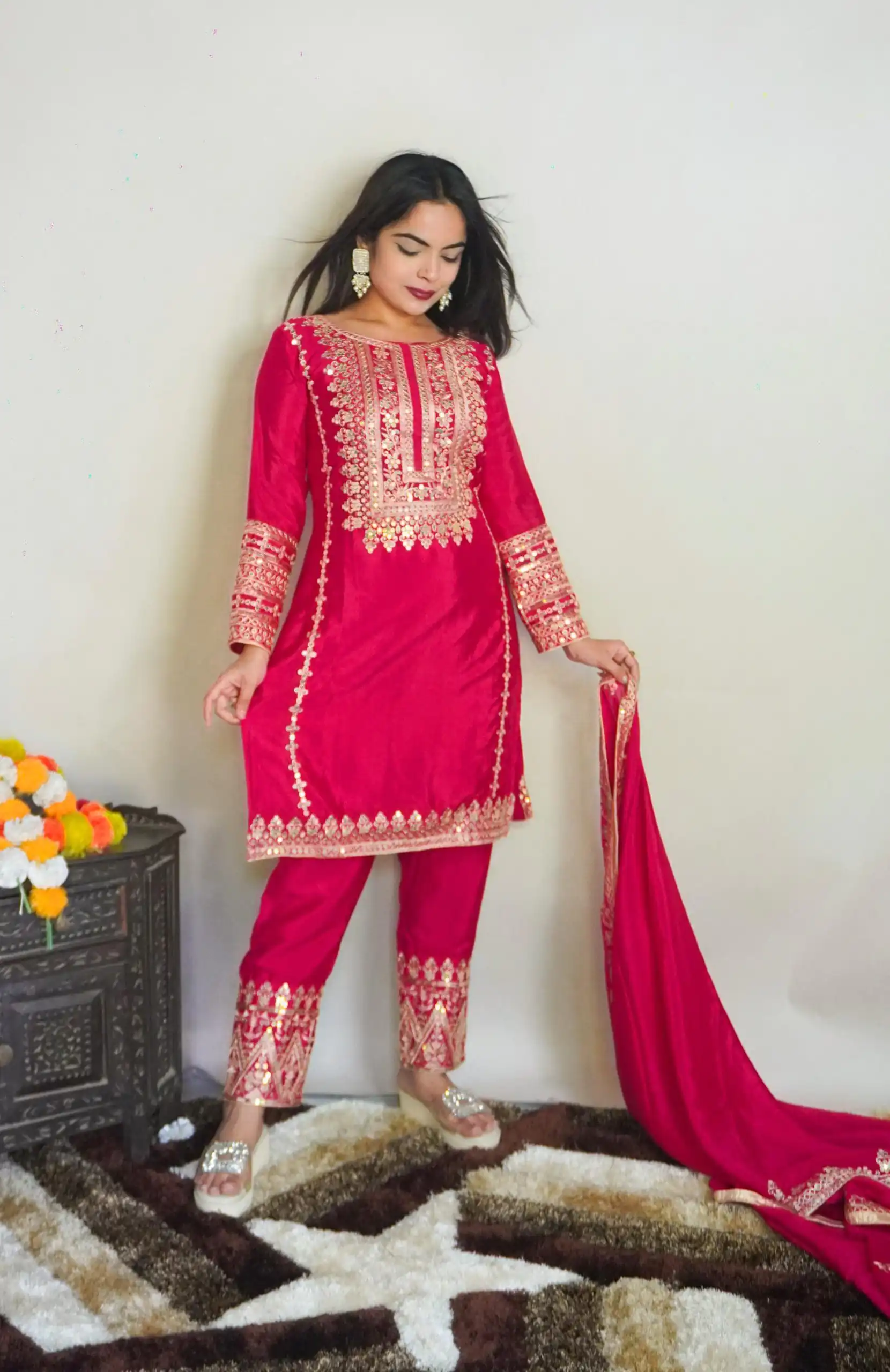 SRK 5151 Pink  Color Pure Chinnon Silk Embroidery Sequence Salwar Suit Wedding, Party, Festive, Events Expected Delivery 4-6 Working Days @ 1949/- | Jump Suits, Casual Suits, Creative suits, Designer Suits, Palazzo Suits, Party Wear Suits, Patiala Suits, Salwar suit, Straight Suits