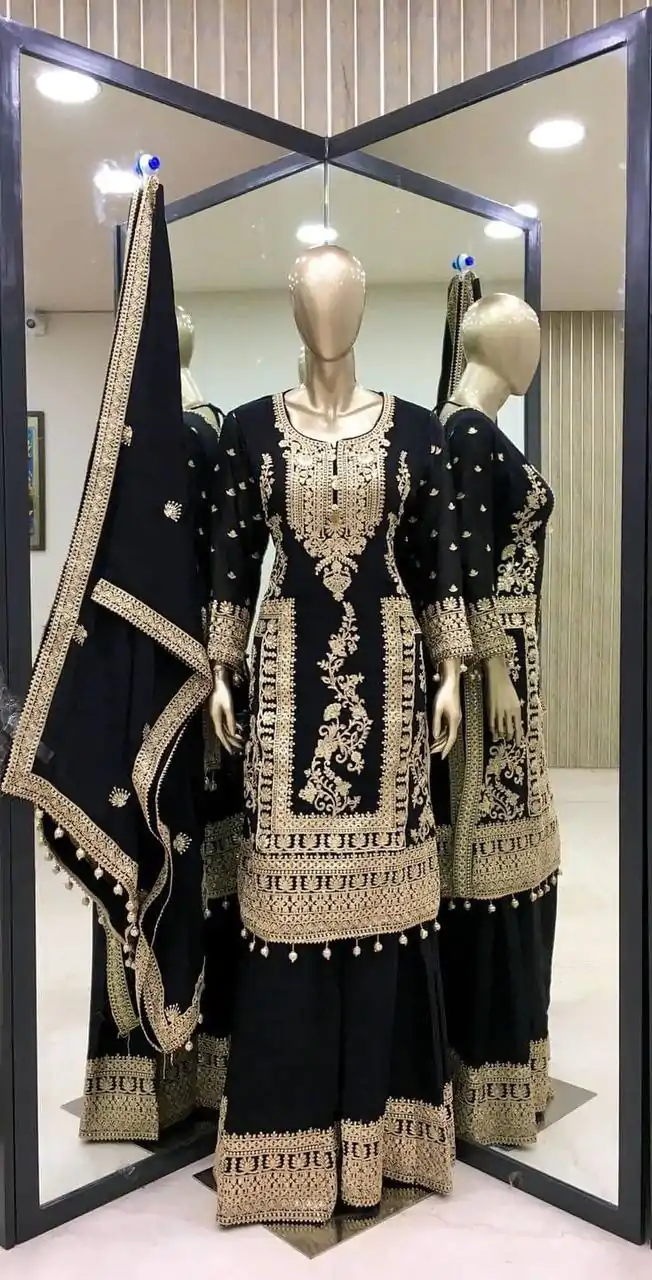 SRK 5146 Black Color Pure Chinnon Silk Embroidery Coding Dori Salwar Suit Wedding, Party, Festive, Events Expected Delivery 4-6 Working Days @ 2199/- | Jump Suits, Casual Suits, Creative suits, Designer Suits, Palazzo Suits, Party Wear Suits, Patiala Suits, Salwar suit, Straight Suits