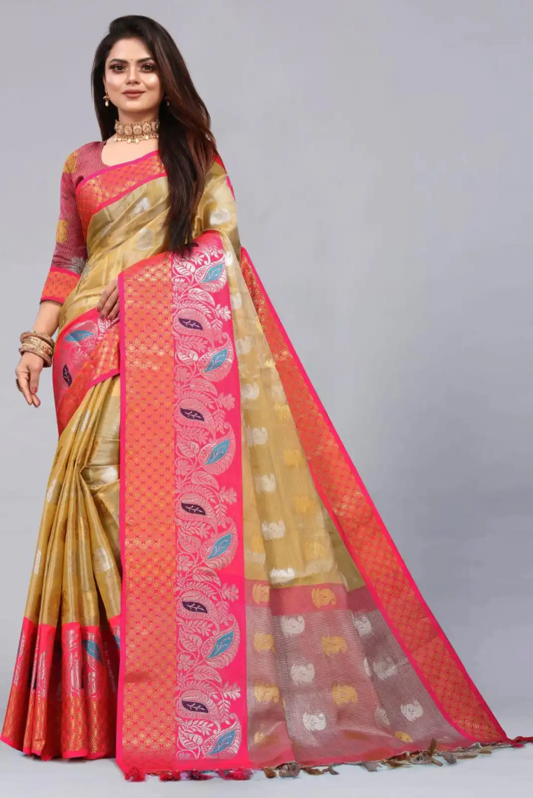 MB™️  3243 Golden Color Soft Organic Tissue Silk Saree Gold ,Silver Zari Weaving Casual, Party Wear, Festival, Events, Etc. Delivery 4-6 Working Days @1550/- | Bollywood Sarees, Creative Sarees, Designer Sarees, Embroidered Sarees, Ethnic Saree, Modern Digital sarees, Party Wear Sarees, Sarees