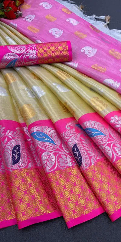 MB™️ 3243 Golden Color Soft Organic Tissue Silk Saree Gold ,Silver Zari Weaving Casual, Party Wear, Festival, Events, Etc. Delivery 4-6 Working Days @1550/- | Bollywood Sarees, Creative Sarees, Designer Sarees, Embroidered Sarees, Ethnic Saree, Modern Digital sarees, Party Wear Sarees, Sarees