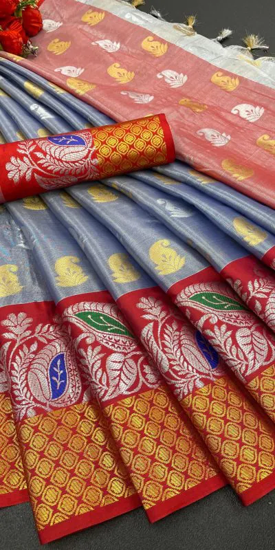 MB™️ 3243 Grey Color Soft Organic Tissue Silk Saree Gold ,Silver Zari Weaving Casual, Party Wear, Festival, Events, Etc. Delivery 4-6 Working Days @1550/- | Bollywood Sarees, Creative Sarees, Designer Sarees, Embroidered Sarees, Ethnic Saree, Modern Digital sarees, Party Wear Sarees, Sarees