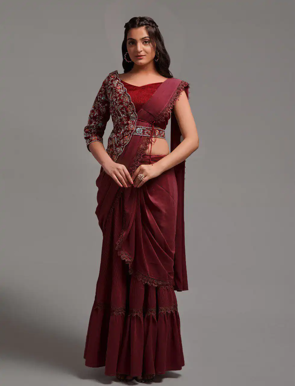 VT-530 Maroon Color Diamond Georgette Free Size Stitching Saree And Blouse Casual, Wedding, Festive, Events . Expected Delivery 4-6 Working Days @2349/- | Bollywood Sarees, Creative Sarees, Designer Sarees, Embroidered Sarees, Ethnic Saree, Modern Digital sarees, Party Wear Sarees, Sarees