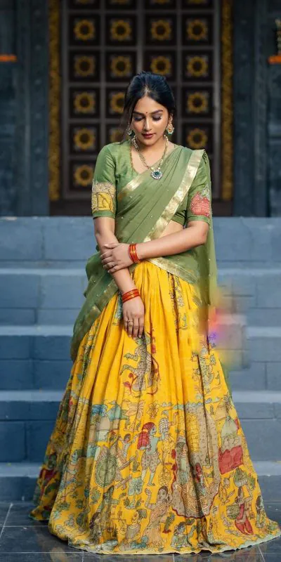 PC 290 Mustard Color Chant Crepe Kalamkari Print Lehenga Choli Casual, Party Wear, Events, Festivals Wear Etc. Expected Delivery 4-6 Working Days @2049/- | Bollywood Lehenga, Creative Lehenga, Designer Lehenga, Embroidered Lehenga, Lehenga, Party Wear Lehenga