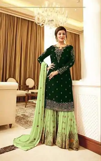 FC Fiona 22216  Stone Green Georgette Embroidery Stone Work Sharara Suit Wedding, Party, Festive, Events Etc. Expected Delivery 4-6 Working Days  @1949/- | Jump Suits, Casual Suits, Creative suits, Designer Suits, Palazzo Suits, Party Wear Suits, Patiala Suits, Salwar suit, Straight Suits