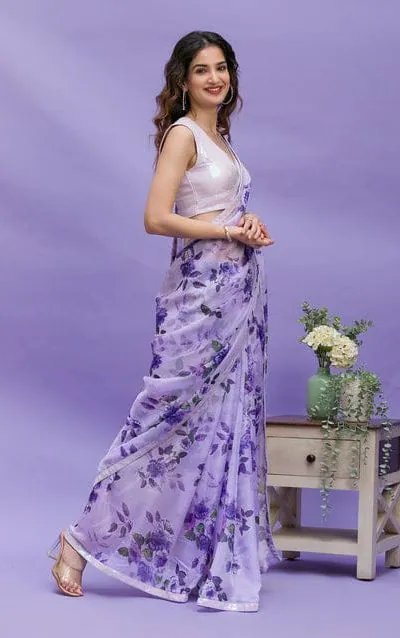 RS 45 Violet Color Floral Digital Printed Georgette Lace Border Saree Casual, Party, Wedding, Festive, Events . Expected Delivery 4-6 Working Days @1799/- | Bollywood Sarees, Creative Sarees, Designer Sarees, Embroidered Sarees, Ethnic Saree, Modern Digital sarees, Party Wear Sarees, Sarees