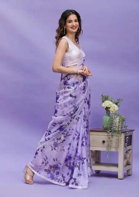RS 45 Violet Color Floral Digital Printed Georgette Lace Border Saree Casual, Party, Wedding, Festive, Events .  Expected Delivery  4-6 Working Days @1799/- | Bollywood Sarees, Creative Sarees, Designer Sarees, Embroidered Sarees, Ethnic Saree, Modern Digital sarees, Party Wear Sarees, Sarees