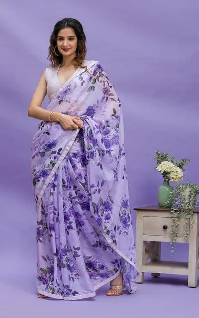 RS 45 Violet Color Floral Digital Printed Georgette Lace Border Saree Casual, Party, Wedding, Festive, Events . Expected Delivery 4-6 Working Days @1799/- | Bollywood Sarees, Creative Sarees, Designer Sarees, Embroidered Sarees, Ethnic Saree, Modern Digital sarees, Party Wear Sarees, Sarees