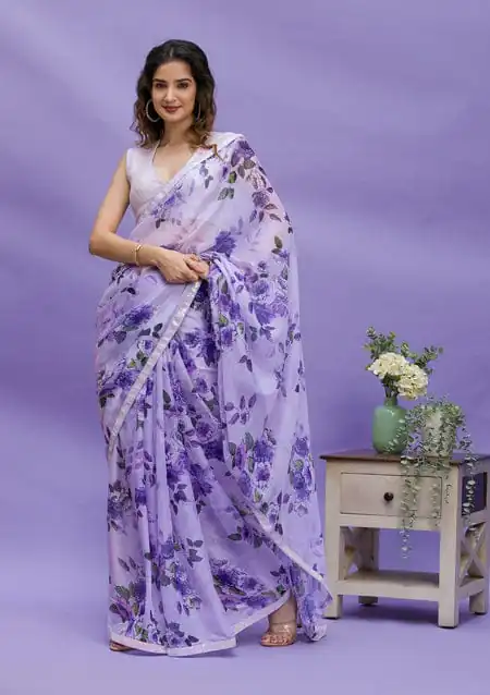 RS 45 Violet Color Floral Digital Printed Georgette Lace Border Saree Casual, Party, Wedding, Festive, Events .  Expected Delivery  4-6 Working Days @1799/- | Bollywood Sarees, Creative Sarees, Designer Sarees, Embroidered Sarees, Ethnic Saree, Modern Digital sarees, Party Wear Sarees, Sarees