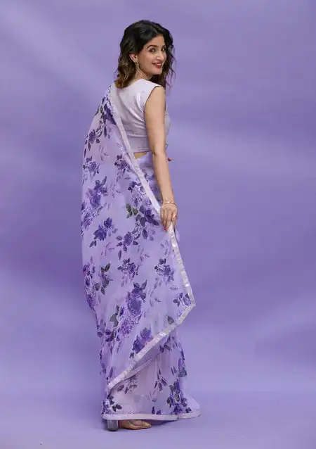RS 45 Violet Color Floral Digital Printed Georgette Lace Border Saree Casual, Party, Wedding, Festive, Events .  Expected Delivery  4-6 Working Days @1799/- | Bollywood Sarees, Creative Sarees, Designer Sarees, Embroidered Sarees, Ethnic Saree, Modern Digital sarees, Party Wear Sarees, Sarees