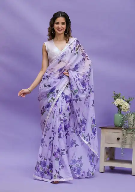 RS 45 Violet Color Floral Digital Printed Georgette Lace Border Saree Casual, Party, Wedding, Festive, Events .  Expected Delivery  4-6 Working Days @1799/- | Bollywood Sarees, Creative Sarees, Designer Sarees, Embroidered Sarees, Ethnic Saree, Modern Digital sarees, Party Wear Sarees, Sarees