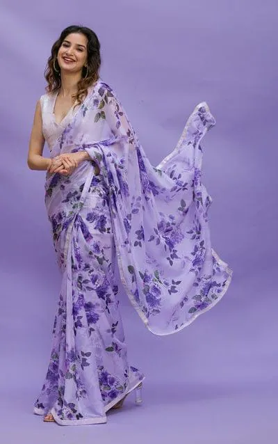 RS 45 Violet Color Floral Digital Printed Georgette Lace Border Saree Casual, Party, Wedding, Festive, Events . Expected Delivery 4-6 Working Days @1799/- | Bollywood Sarees, Creative Sarees, Designer Sarees, Embroidered Sarees, Ethnic Saree, Modern Digital sarees, Party Wear Sarees, Sarees