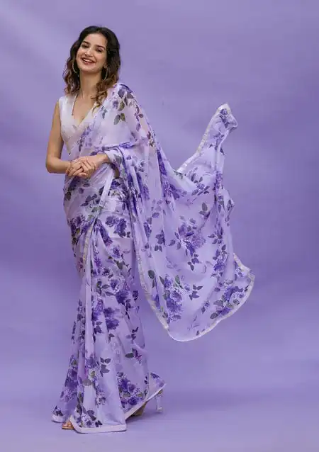 RS 45 Violet Color Floral Digital Printed Georgette Lace Border Saree Casual, Party, Wedding, Festive, Events .  Expected Delivery  4-6 Working Days @1799/- | Bollywood Sarees, Creative Sarees, Designer Sarees, Embroidered Sarees, Ethnic Saree, Modern Digital sarees, Party Wear Sarees, Sarees
