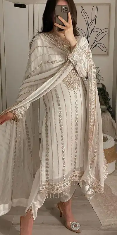 LG 1832 White Color Georgette Embroidery Foil Work Salwar Suit Casual, Wedding, Festive, Events Expected Delivery 4-6 Working Days @2149/- | Jump Suits, Casual Suits, Creative suits, Designer Suits, Palazzo Suits, Party Wear Suits, Patiala Suits, Salwar suit, Straight Suits
