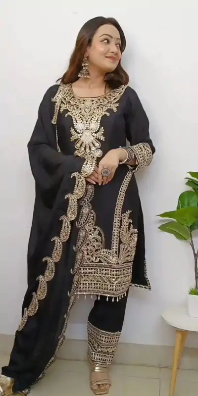SRK 5149 Black Color Pure Chinnon Silk Embroidery Sequence Salwar Suit Wedding, Party, Festive, Events Expected Delivery 4-6 Working Days @ 2049/- | Jump Suits, Casual Suits, Creative suits, Designer Suits, Palazzo Suits, Party Wear Suits, Patiala Suits, Salwar suit, Straight Suits