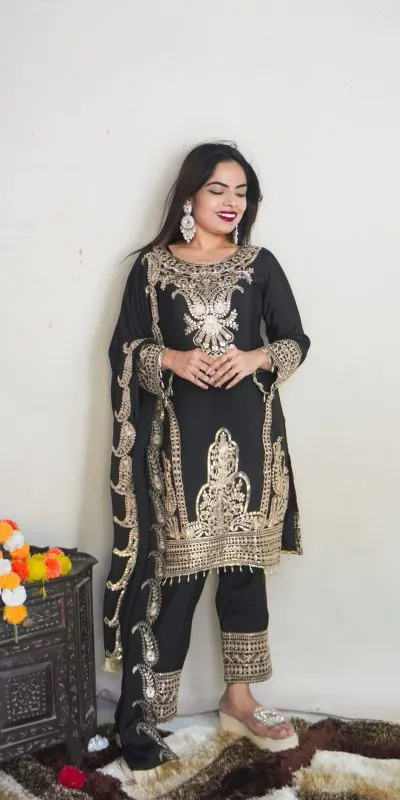 SRK 5149 Black Color Pure Chinnon Silk Embroidery Sequence Salwar Suit Wedding, Party, Festive, Events Expected Delivery 4-6 Working Days @ 2049/- | Jump Suits, Casual Suits, Creative suits, Designer Suits, Palazzo Suits, Party Wear Suits, Patiala Suits, Salwar suit, Straight Suits