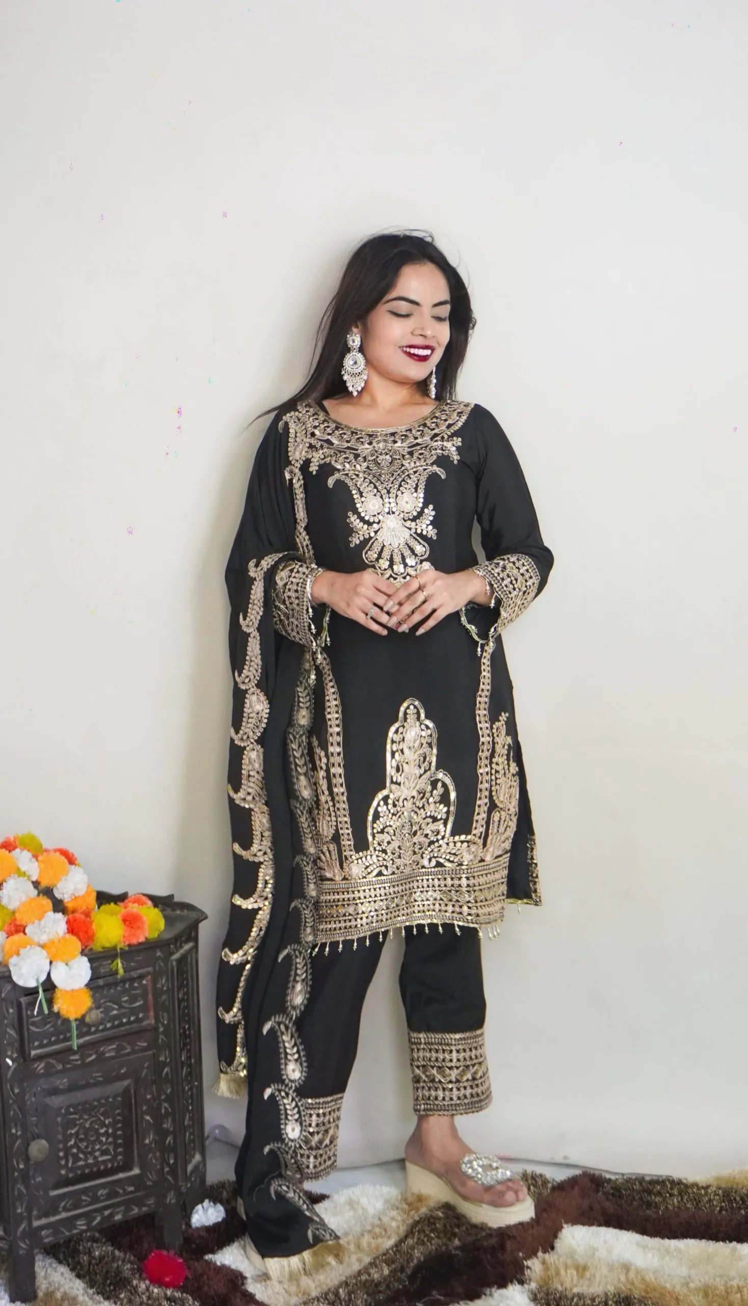 SRK 5149 Black Color Pure Chinnon Silk Embroidery Sequence Salwar Suit Wedding, Party, Festive, Events Expected Delivery 4-6 Working Days @ 2049/- | Jump Suits, Casual Suits, Creative suits, Designer Suits, Palazzo Suits, Party Wear Suits, Patiala Suits, Salwar suit, Straight Suits