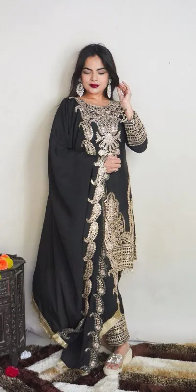 SRK 5149 Black Color Pure Chinnon Silk Embroidery Sequence Salwar Suit Wedding, Party, Festive, Events Expected Delivery 4-6 Working Days @ 2049/- | Jump Suits, Casual Suits, Creative suits, Designer Suits, Palazzo Suits, Party Wear Suits, Patiala Suits, Salwar suit, Straight Suits