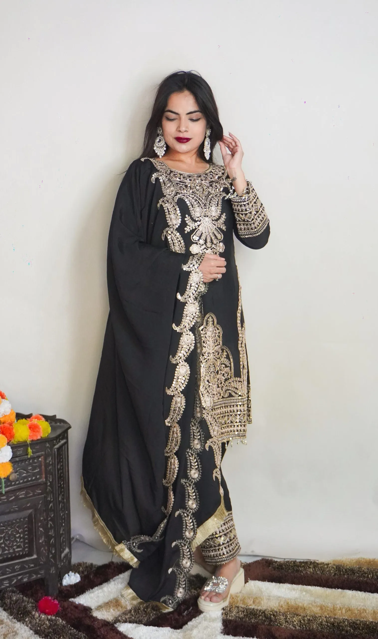SRK 5149 Black Color Pure Chinnon Silk Embroidery Sequence Salwar Suit Wedding, Party, Festive, Events Expected Delivery 4-6 Working Days @ 2049/- | Jump Suits, Casual Suits, Creative suits, Designer Suits, Palazzo Suits, Party Wear Suits, Patiala Suits, Salwar suit, Straight Suits