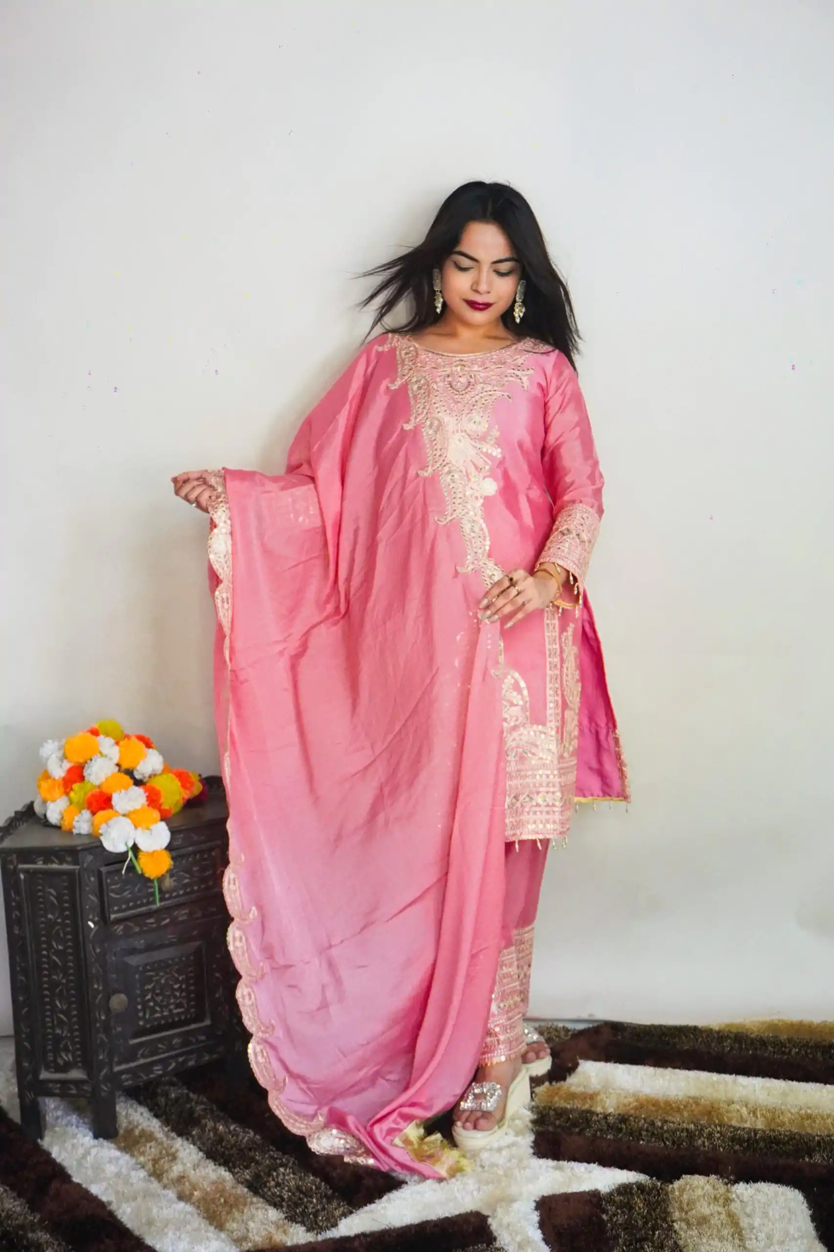 SRK 5149 Pink Color Pure Chinnon Silk Embroidery Sequence Salwar Suit Wedding, Party, Festive, Events Expected Delivery 4-6 Working Days @ 2049/- | Jump Suits, Casual Suits, Creative suits, Designer Suits, Palazzo Suits, Party Wear Suits, Patiala Suits, Salwar suit, Straight Suits